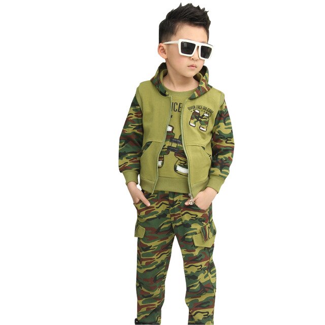 Autumn Camouflage Boys Cloting Set Spring Big Boy Hooded 100% Cotton Jacket+T-shirt+Pants 3Pcs Clothes suit For 3-12 Years